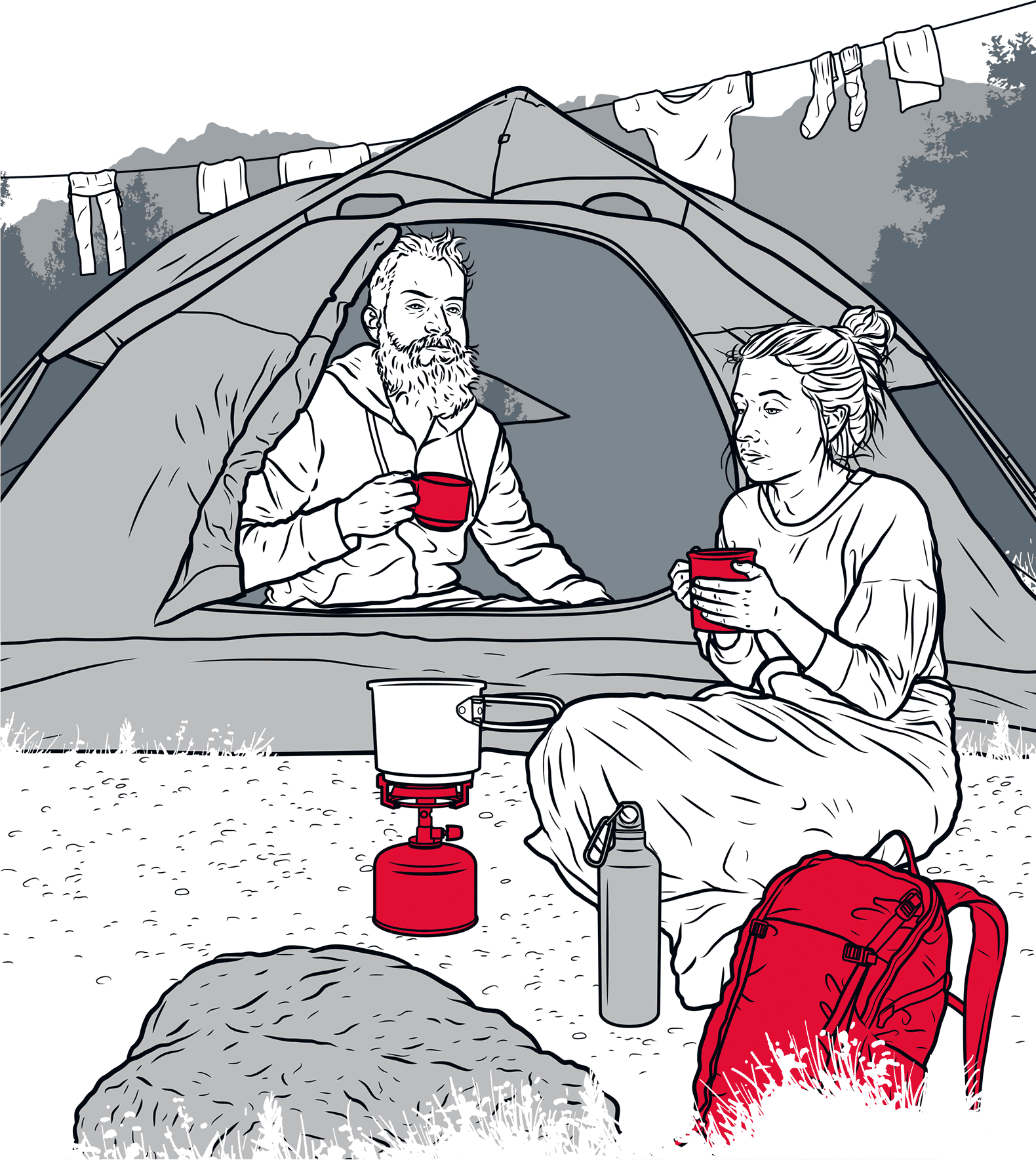 Illustrasjon av to mennesker på fjelltur, den ene sitter inne i teltet, den andre sitter utenfor med et pledd. 