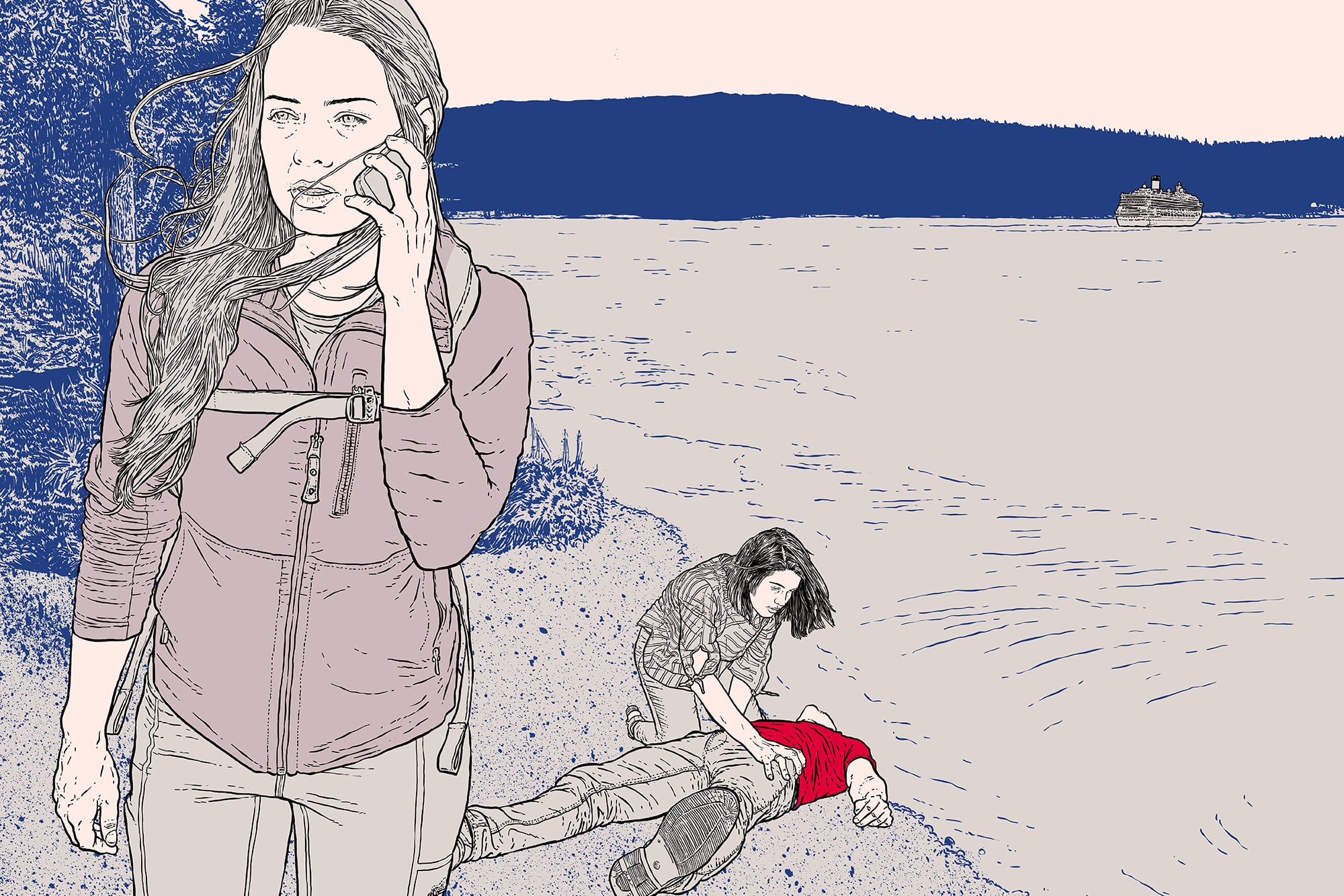 Illustrasjon av kvinne som snakker i telefon i forgrunnen, og en kvinne som hjelper en bevisstløs mann i bakgrunnen. De er på en strand.