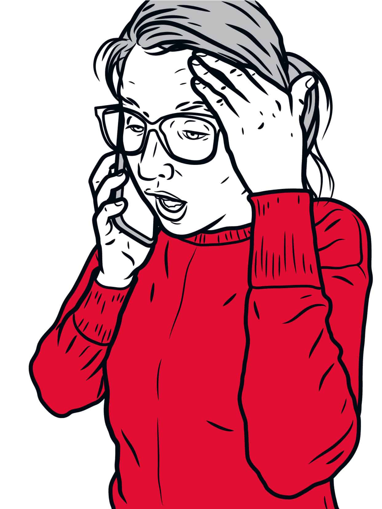 Illustrasjon av kvinne som snakker i telefon og holder seg til hodet.