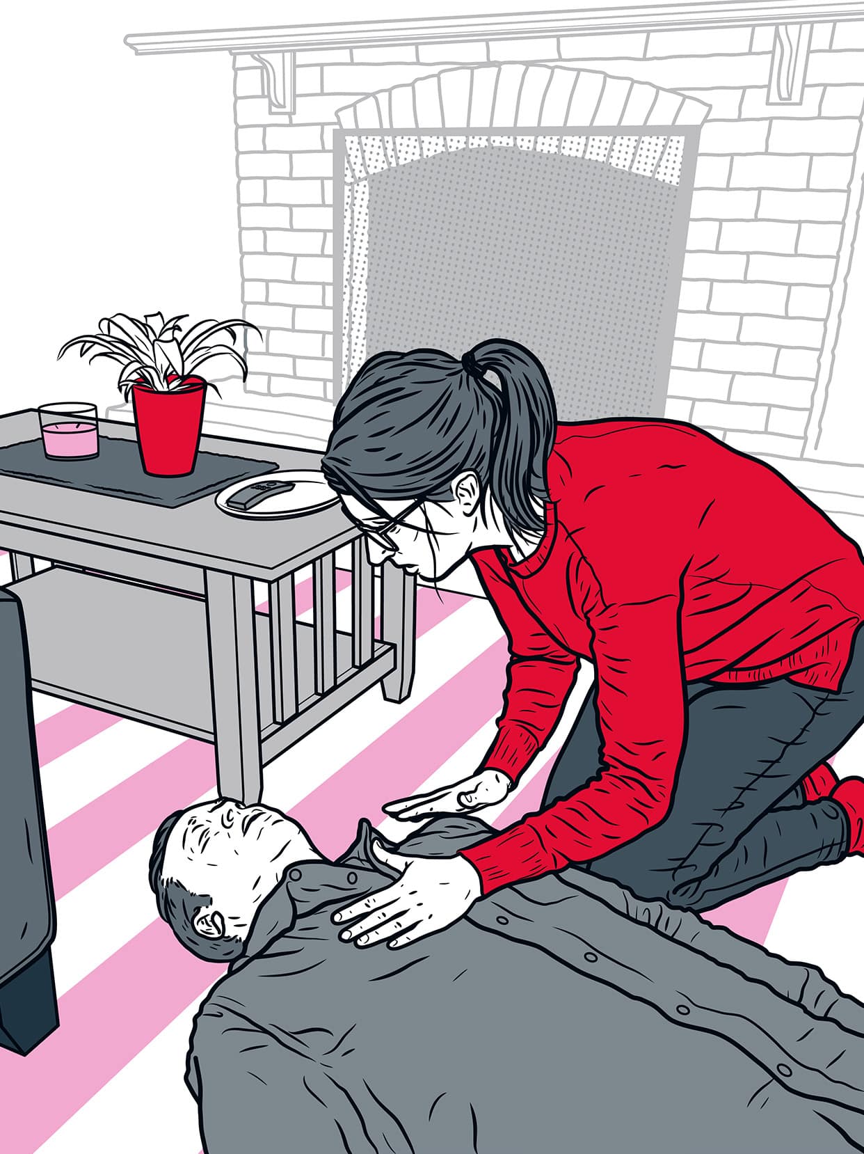 Illustrasjon av kvinne som finner livløs mann på stuegulvet. Det er mistanke om hjertestans, hvor hjerte- og lungekompresjoner (HLR) bør iverksettes. 