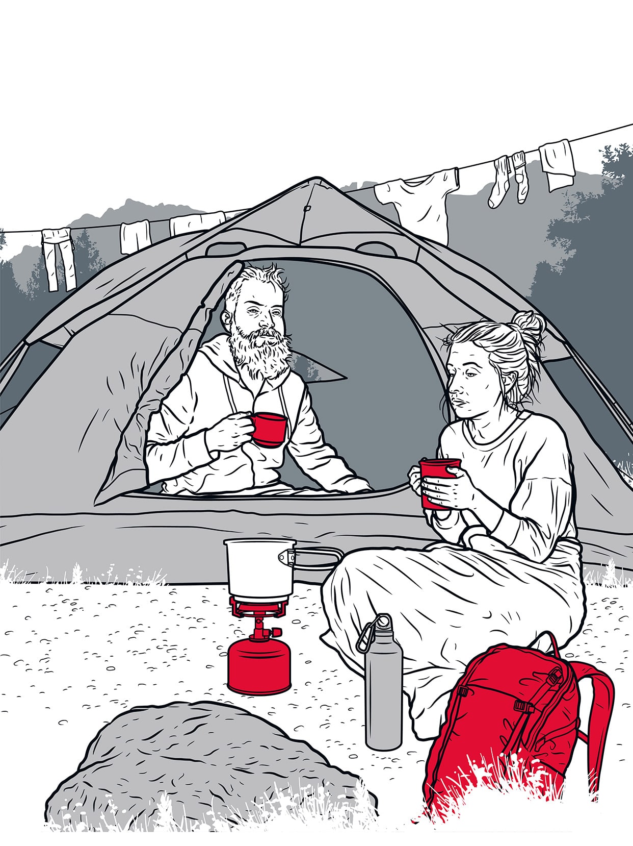 Illustrasjon ac to som sitter ved et telt 