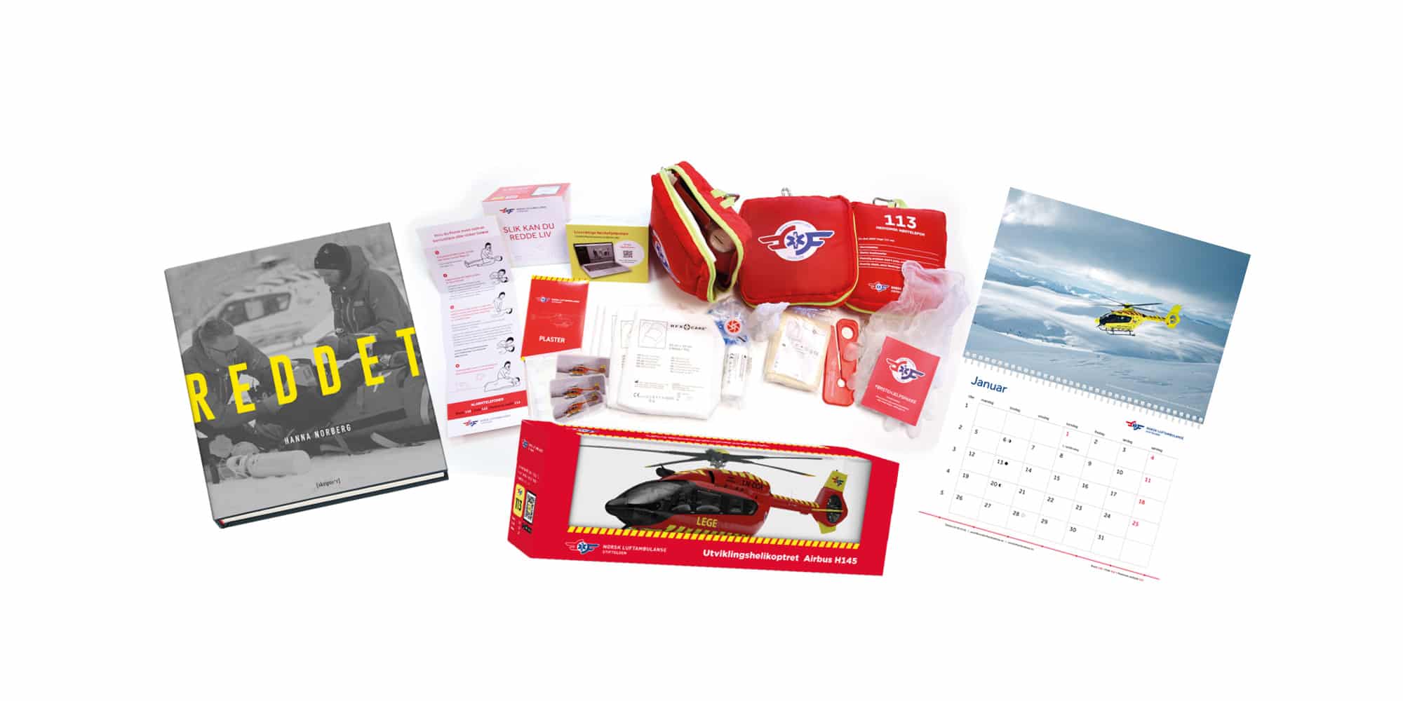 Modellhelikopter, førstehjelpspakke, kalender og jubileumsboken Reddet