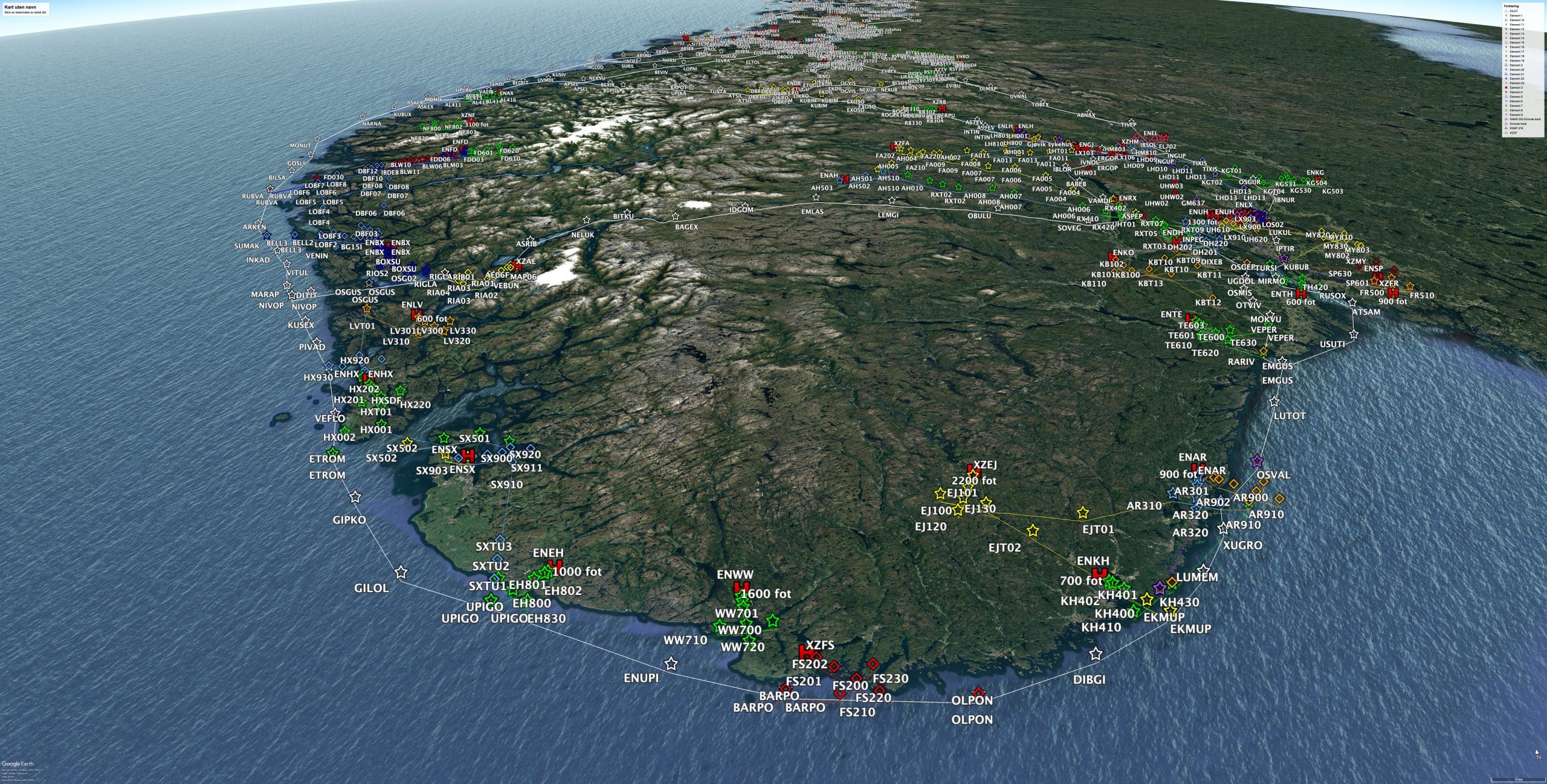 PinS-ruter over sør-Norge. Instrumentflyvning.