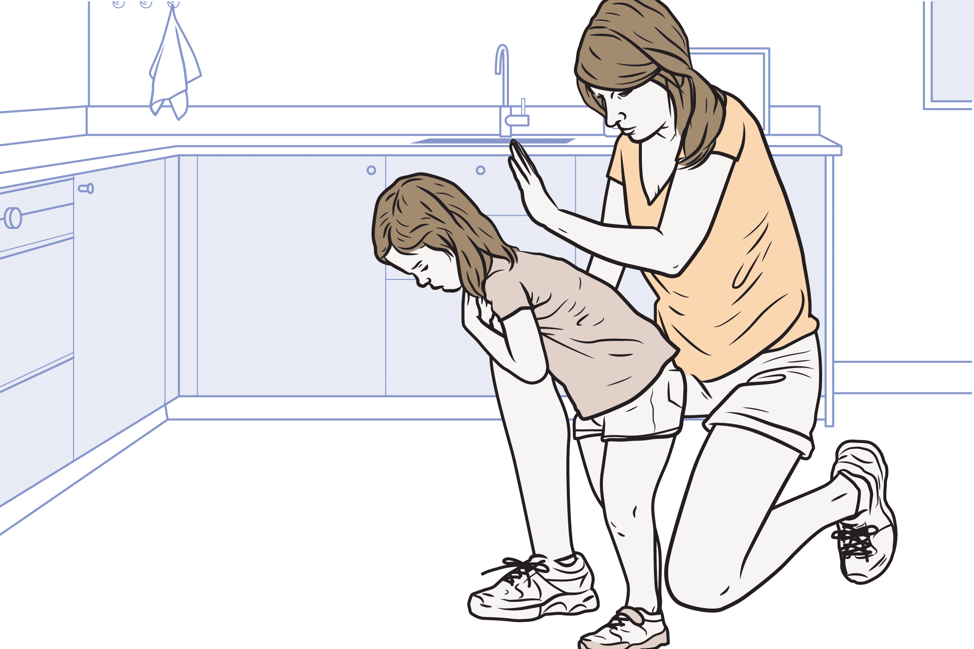 Hvis større barn setter noe i halsen, forsøk fem slag mot ryggen og eventuelt Heimlich-manøver.
