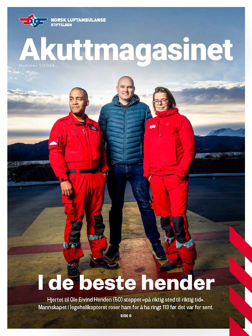 Forsidebildet til første utgave av Akuttmagasinet i 2024. Akuttmagasinet er Stiftelsen Norsk Luftambulanses faste magasin, som gis ut fem ganger i året. 