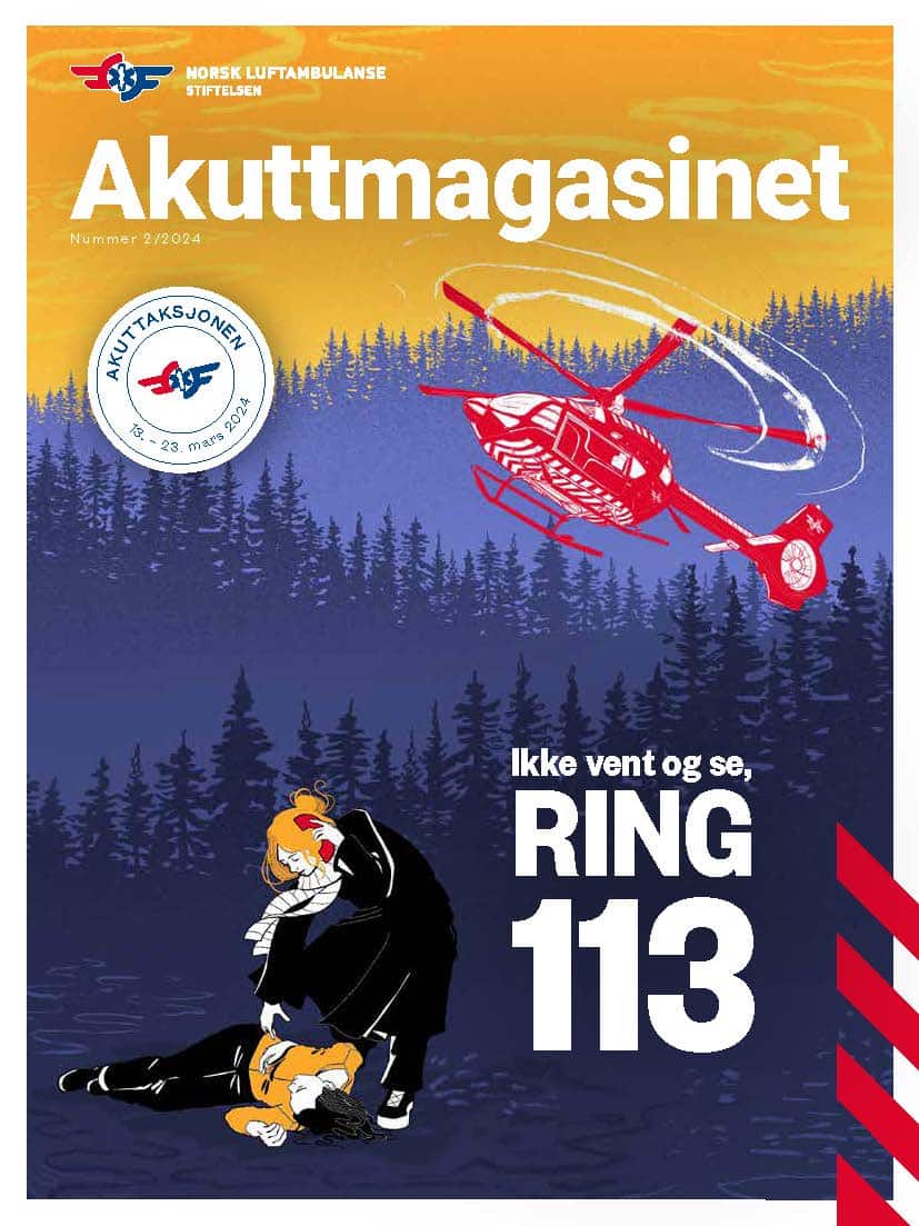 Forsidebildet til andre utgave av Akuttmagasinet i 2024. Akuttmagasinet er Stiftelsen Norsk Luftambulanses faste magasin, som gis ut fem ganger i året.