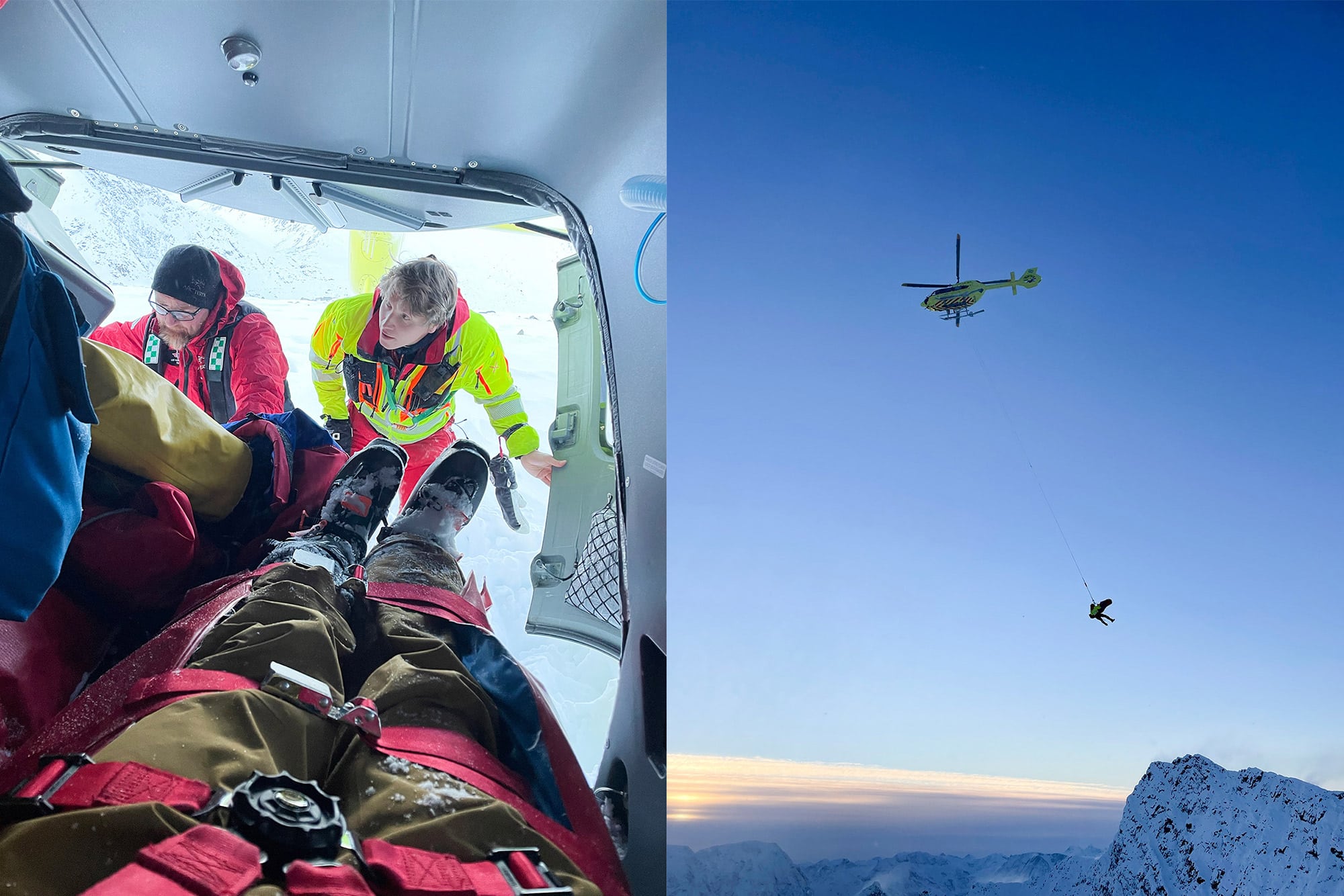 Todelt bilde av Nikolai Schirmer. Det ene fra hans perspektiv i luftambulansen. Det andre bildet er av et legehelikopter som flyr med redningsmann og Schirmer i underhengende tatt fra bakkeplan.