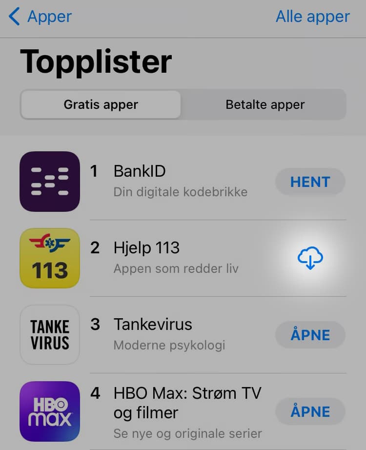 Slik ser det ut i AppStore dersom Hjelp 113-appen er deaktivert på iPhone.