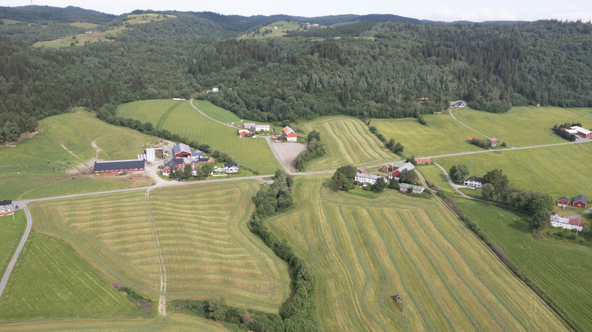 Til venstre på bildet er Foss gård på Stadsbydgda. I det rødmalte fjøset har Vigdis Schei Foss og Johnny Foss hengt opp hjertestarteren - og den er til bruk for alle på bygda. 