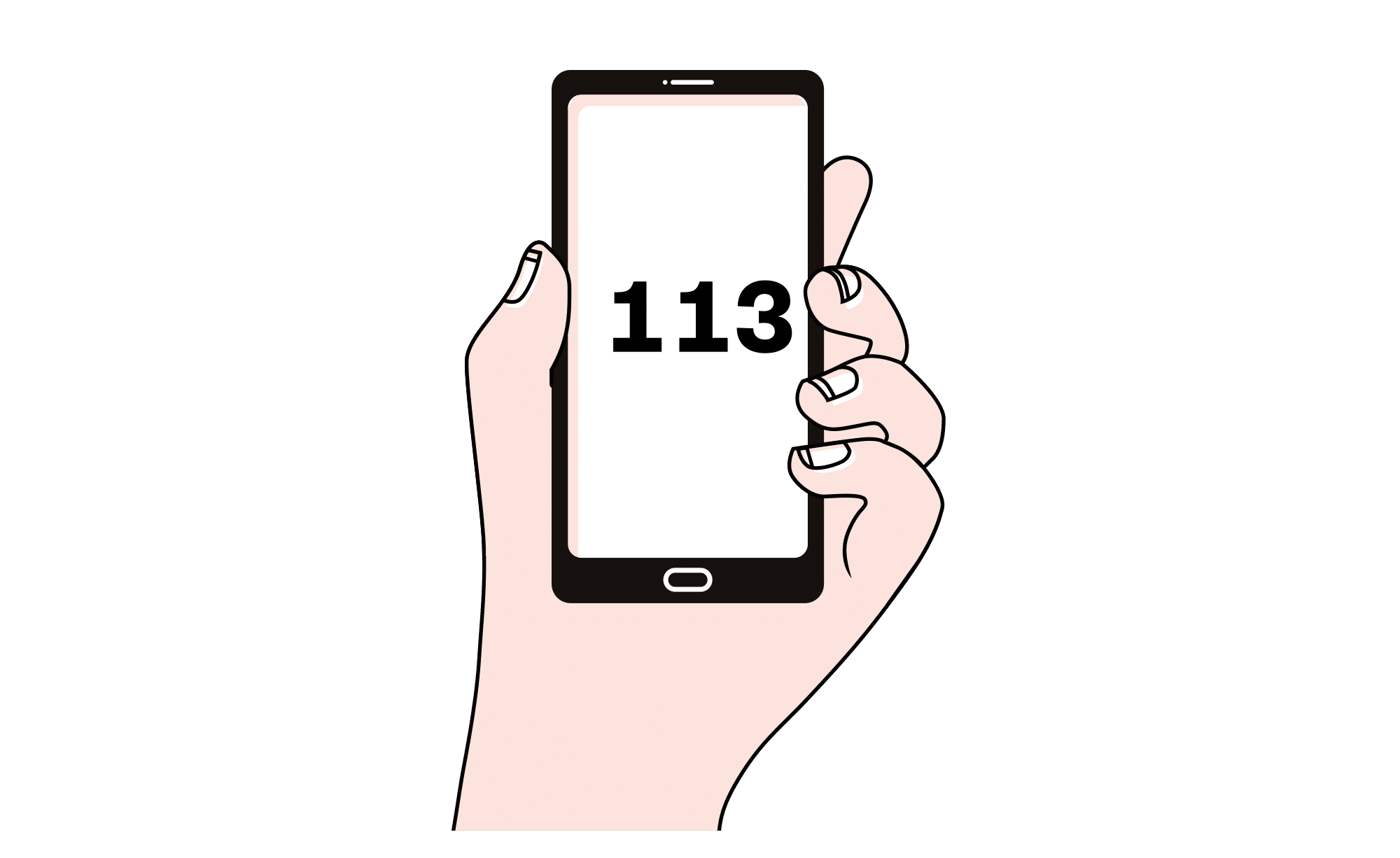 Illustrasjon av en hånd osm holder en mobil hvor det står 113