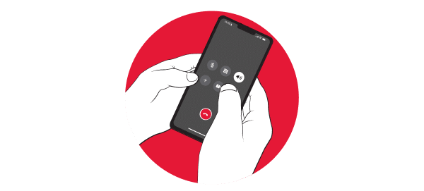 Illustrasjon at en an person holder en mobil. Rød bakgrunn