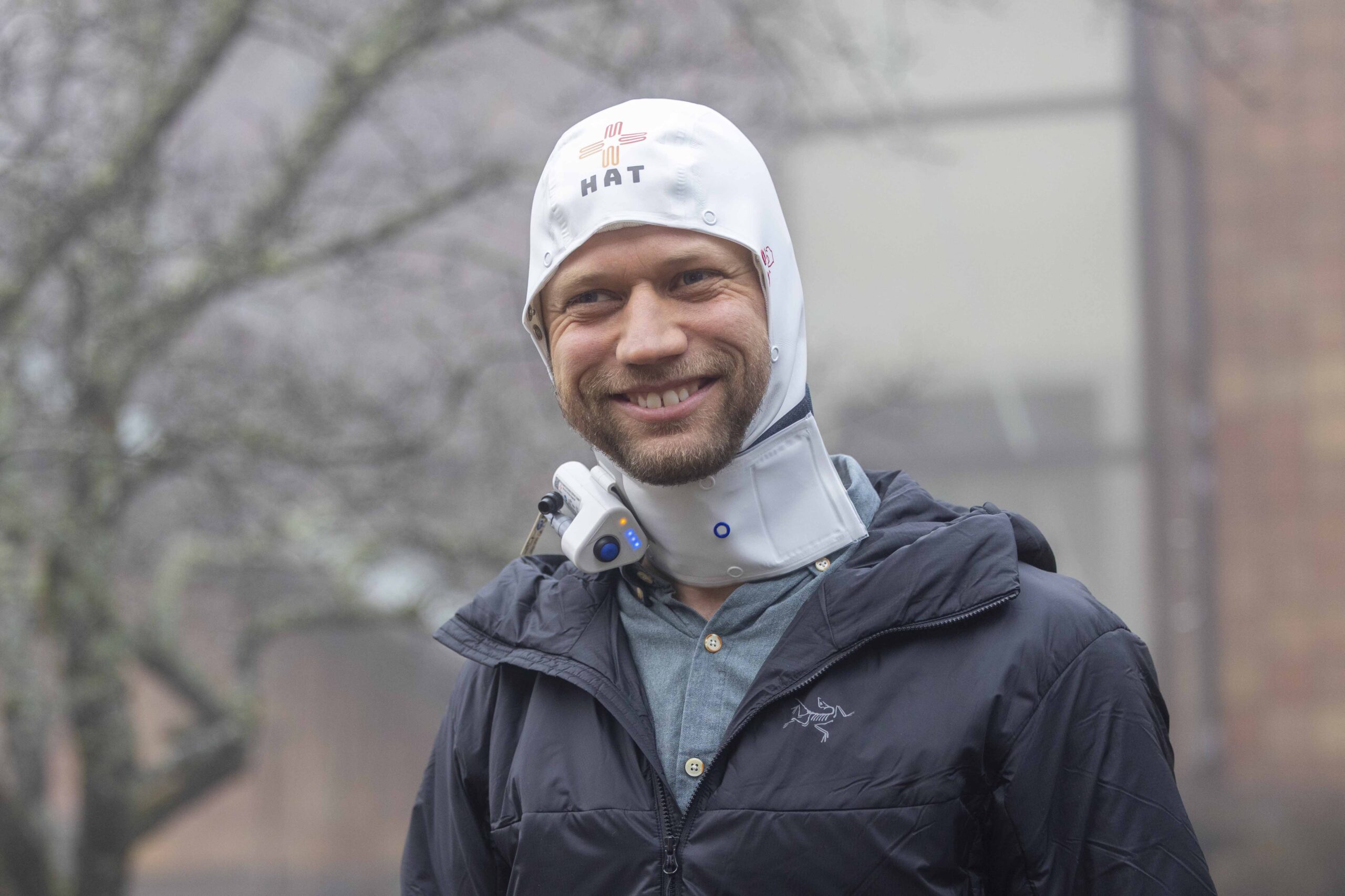 Einar Fossli wearing the hypothermia hood Northerm HAT