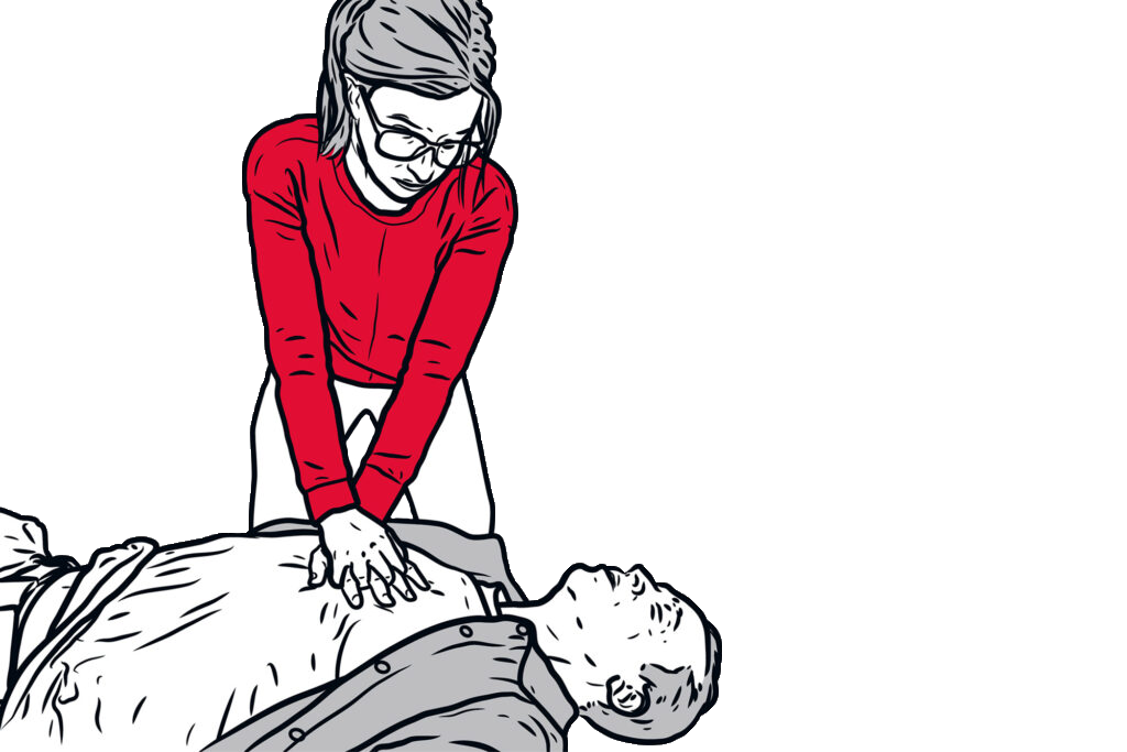 Illustrasjon av brystkompresjoner under hjerte- og lungeredning.